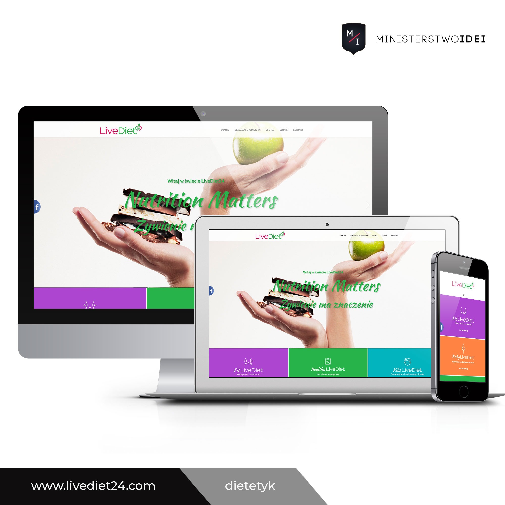 Responsywny design strony internetowej LiveDiet wyświetlany na monitorze, laptopie i smartfonie, prezentujący spójną identyfikację wizualną i układ strony na różnych urządzeniach.