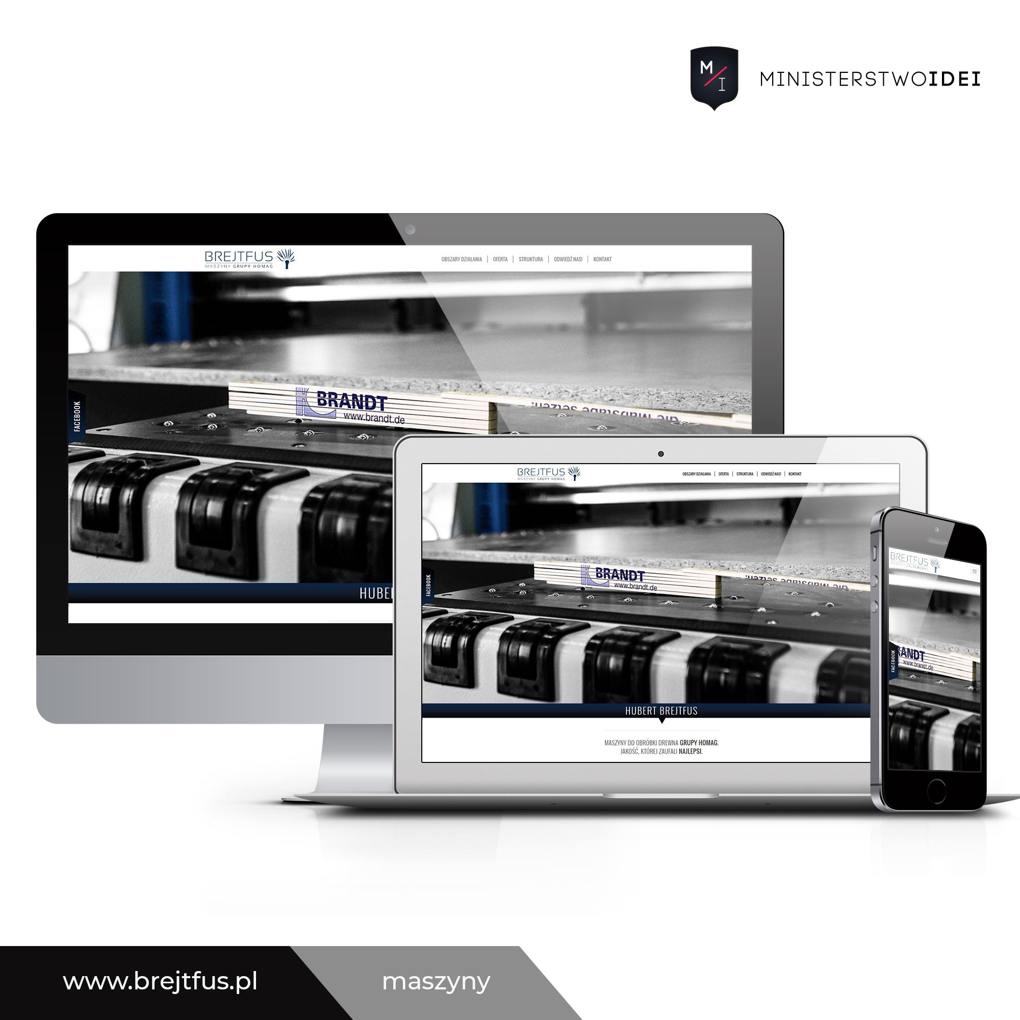 Responsywna strona internetowa firmy Brejtfus wyświetlana na monitorze, laptopie i smartfonie, prezentująca maszyny do obróbki drewna.