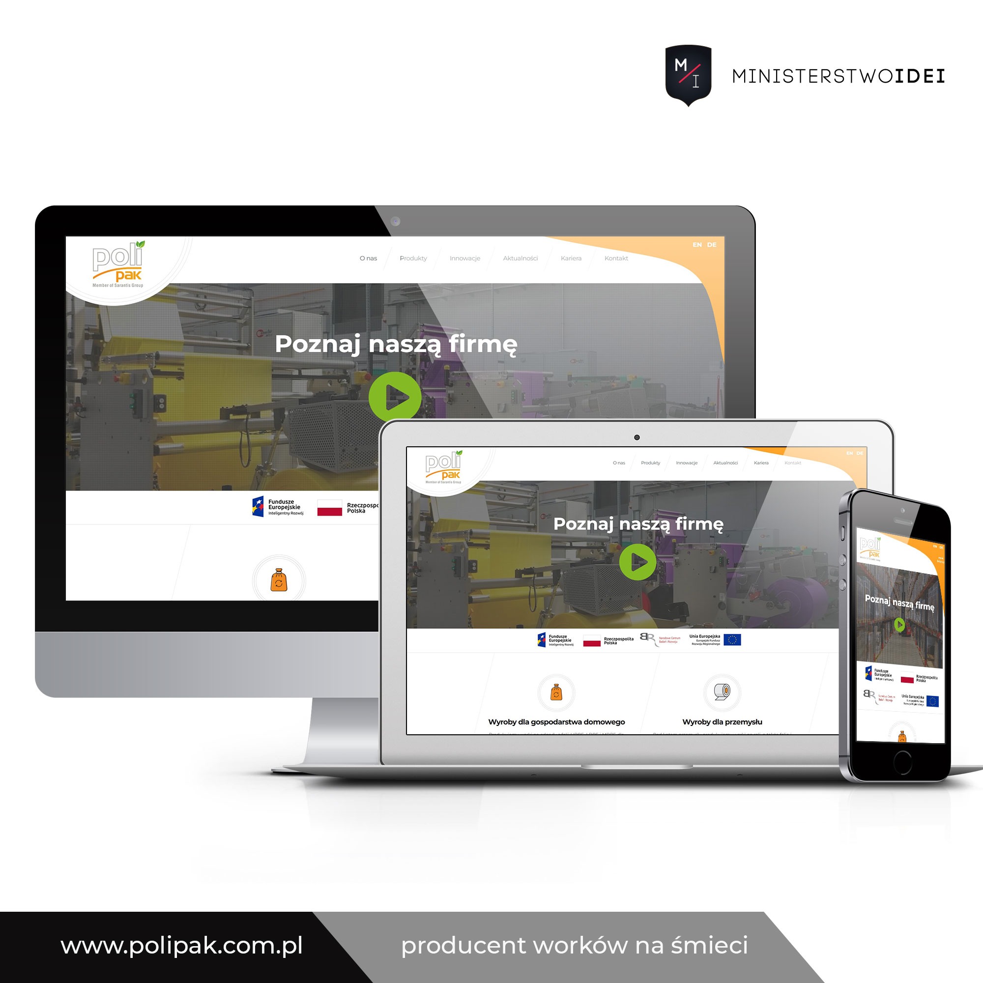 Responsywna strona internetowa na monitorze, laptopie i smartfonie, prezentująca firmę produkującą worki na śmieci, z widoczną linią produkcyjną w tle.