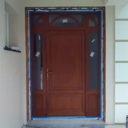 Montaż drewnianych drzwi wejściowych z szybami bocznymi i górnym łukiem, zabezpieczonych niebieską taśmą malarską, widoczne ślady pianki montażowej i cegieł wokół ościeżnicy, surowy stan...