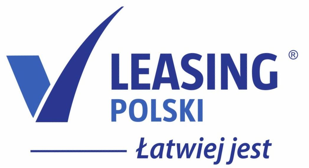 Niebieskie logo firmy leasingowej z symbolem odhaczenia i napisem 'LEASING POLSKI - łatwiej jest' z symbolem zastrzeżonym znaku towarowego.