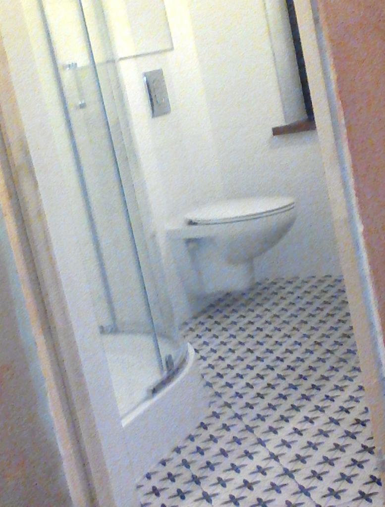 Wnętrze łazienki po remoncie: kabina prysznicowa z przezroczystego szkła, wisząca toaleta i podłoga wyłożona płytkami w biało-niebieski wzór krzyżyków.