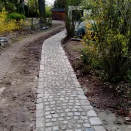 Kręta ścieżka z szarej kostki granitowej prowadząca przez ogród, widoczna w perspektywie od dołu, z młodymi drzewami i krzewami po bokach.