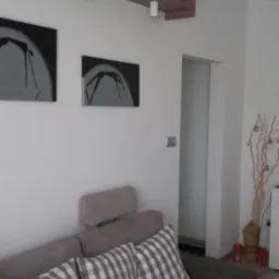 Nowoczesny salon z szarym narożnikiem w kratę, drewnianą półką pod sufitem z oświetleniem punktowym i abstrakcyjnymi obrazami na ścianie.