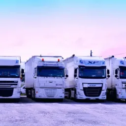 Cztery białe ciężarówki DAF XF zaparkowane obok siebie na żwirowym placu w słoneczny dzień. Widoczne tablice rejestracyjne i detale kabin.