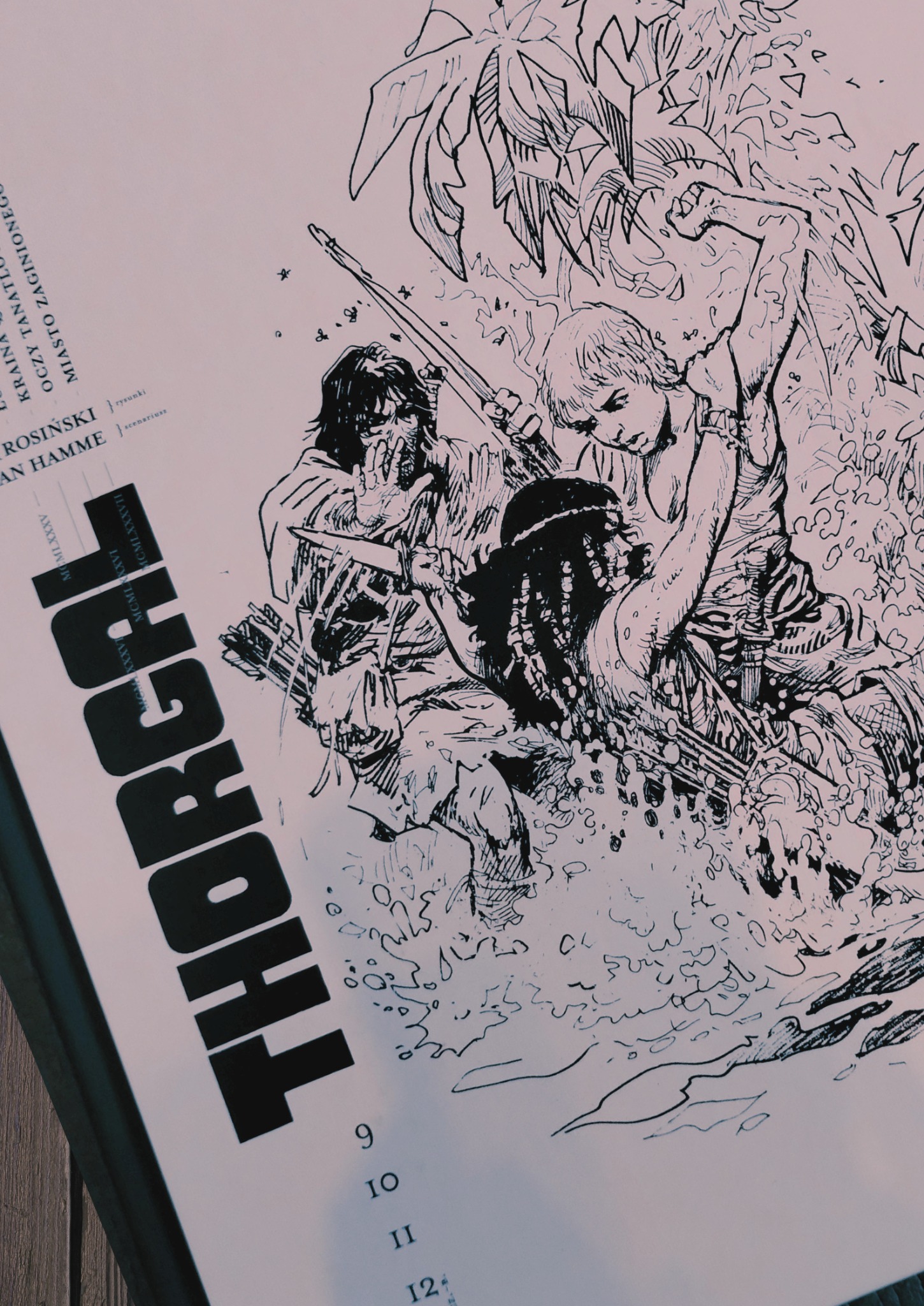 Ręcznie rysowany czarno-biały plakat z ilustracją postaci Thorgala w dynamicznej scenie walki w dżungli, widoczne daty wydania i nazwiska twórców.