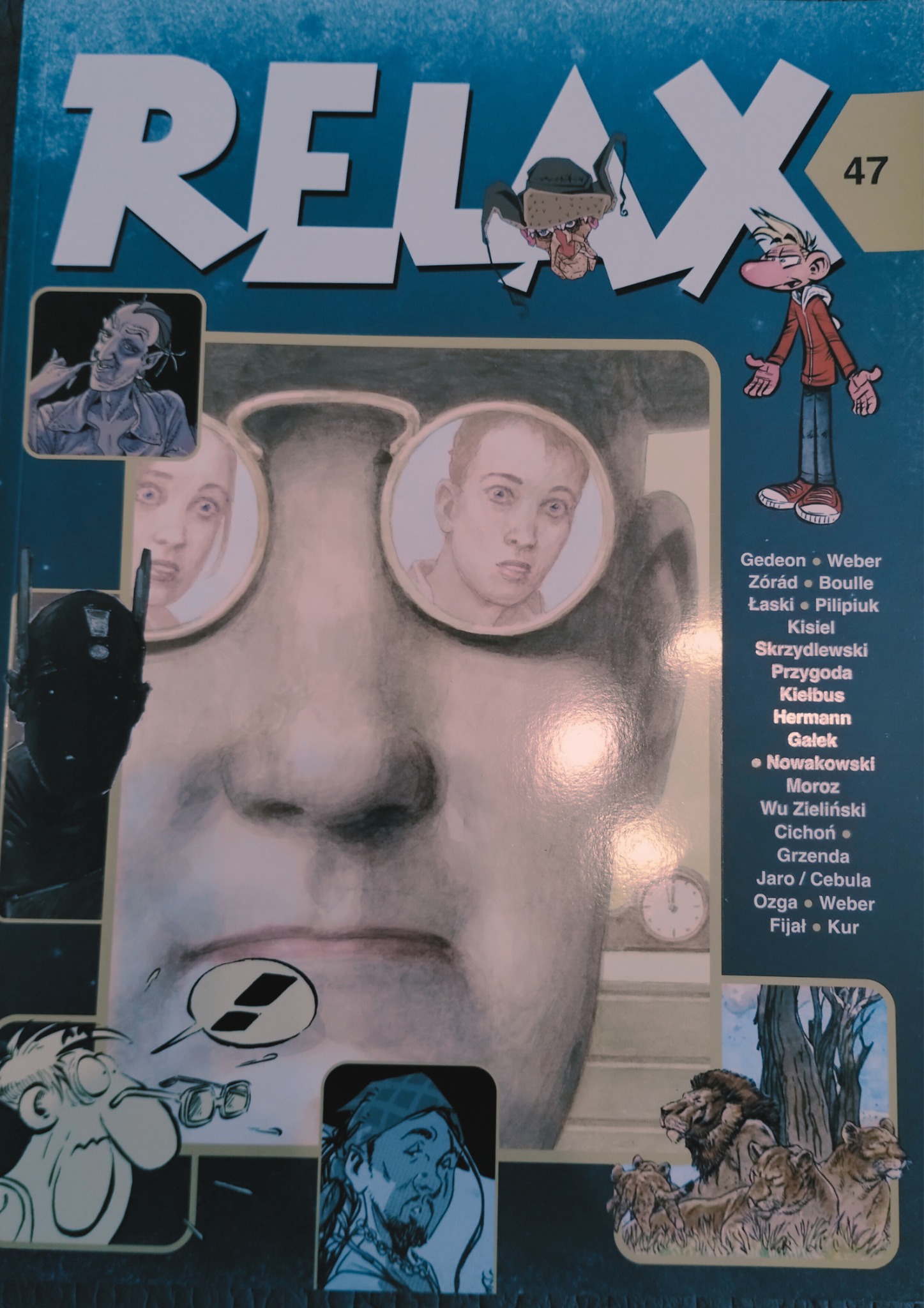 Okładka numeru 47 pisma komiksowego 'Relax' z ilustracjami postaci i autorami wymienionymi na okładce.