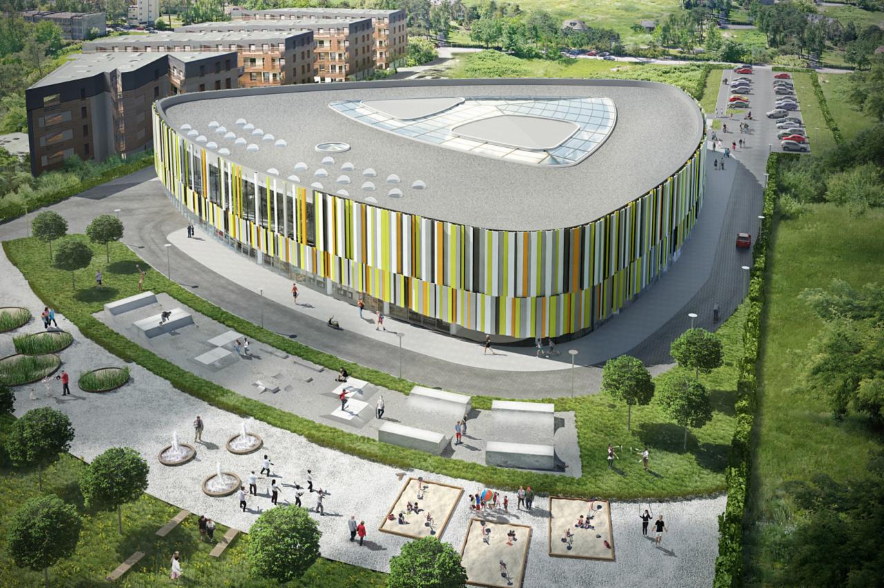 Wizualizacja budynku usługowego z elewacją w pionowe pasy w kolorach żółtym, zielonym, pomarańczowym i białym, widok z lotu ptaka na otoczenie z placem zabaw i parkingiem.