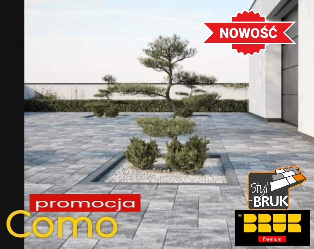 Nowoczesna nawierzchnia z szarej kostki betonowej Como, z minimalistycznym ogrodem japońskim i logo producenta Styl-Bruk oraz BRUK, opatrzona hasłem 'Nowość' i 'Promocja'.