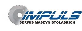 Logo firmy Impuls Serwis Maszyn Stolarskich z piłą tarczową po lewej stronie.