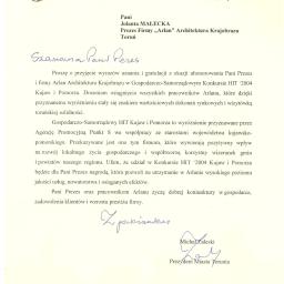 List Gratulacyjny dla ARLAN od Prezydenta Miasta Torunia - 2004
