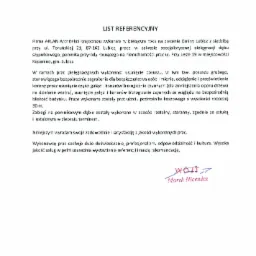 Skan dokumentu referencyjnego dla firmy ARLAN Architekci Krajobrazu, wystawiony przez Wójta Gminy Lubicz, potwierdzający wykonanie specjalistycznej pielęgnacji dębu szypułkowego, pomnika przyrody...