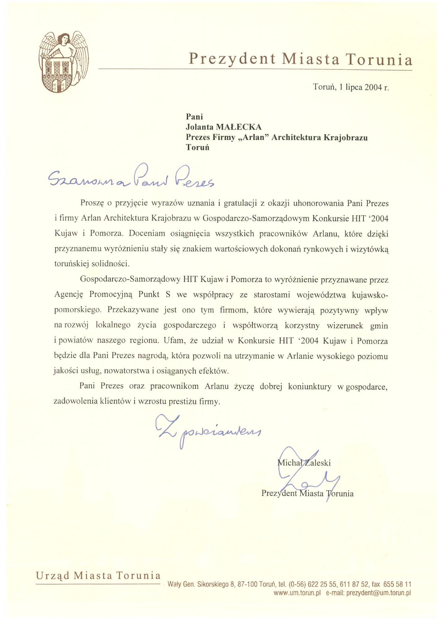 List Gratulacyjny dla ARLAN od Prezydenta Miasta Torunia - 2004