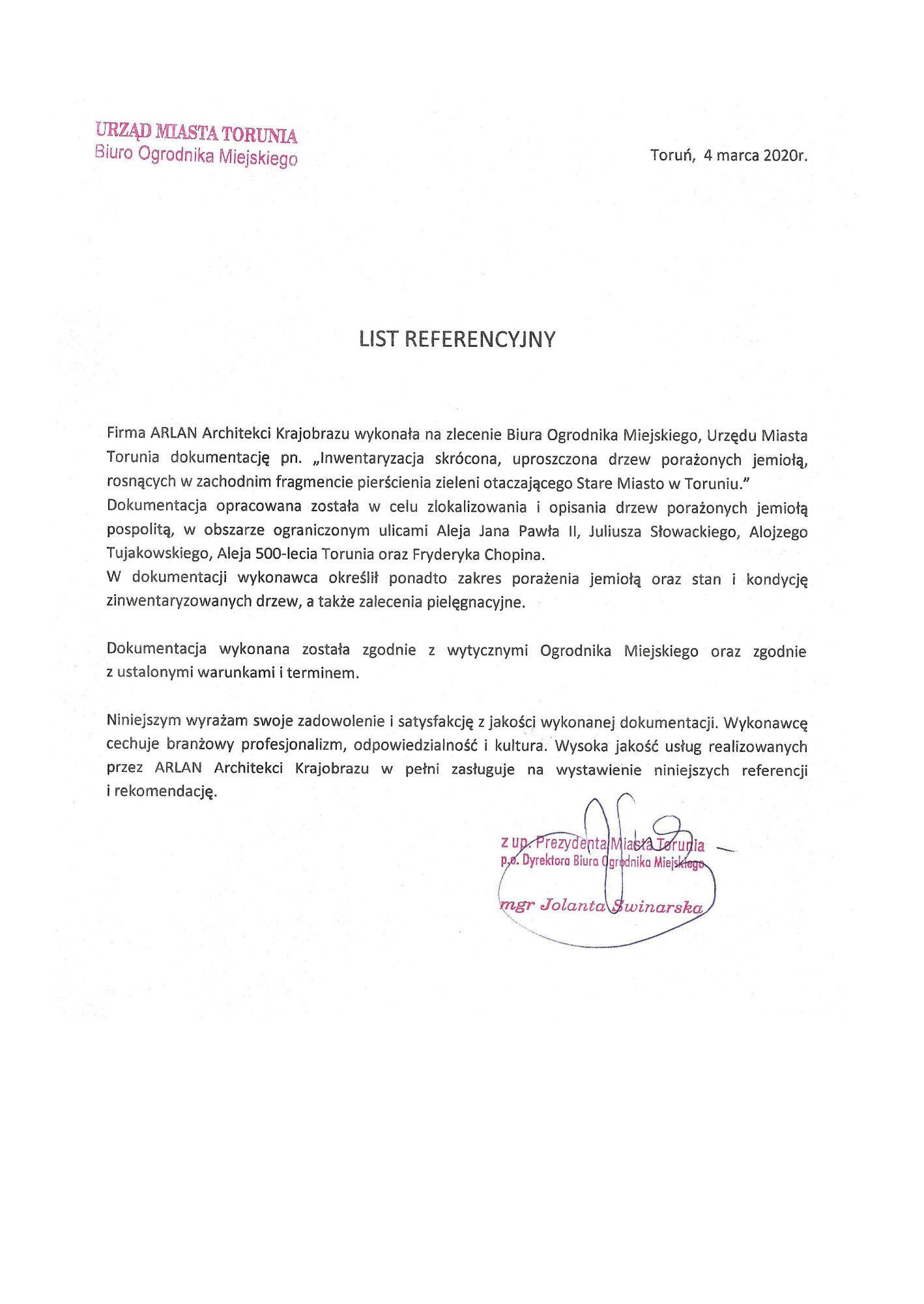Skan dokumentu referencyjnego dla firmy ARLAN Architekci Krajobrazu z Torunia, potwierdzający wykonanie inwentaryzacji drzew porażonych jemiołą na zlecenie Biura Ogrodnika Miejskiego.