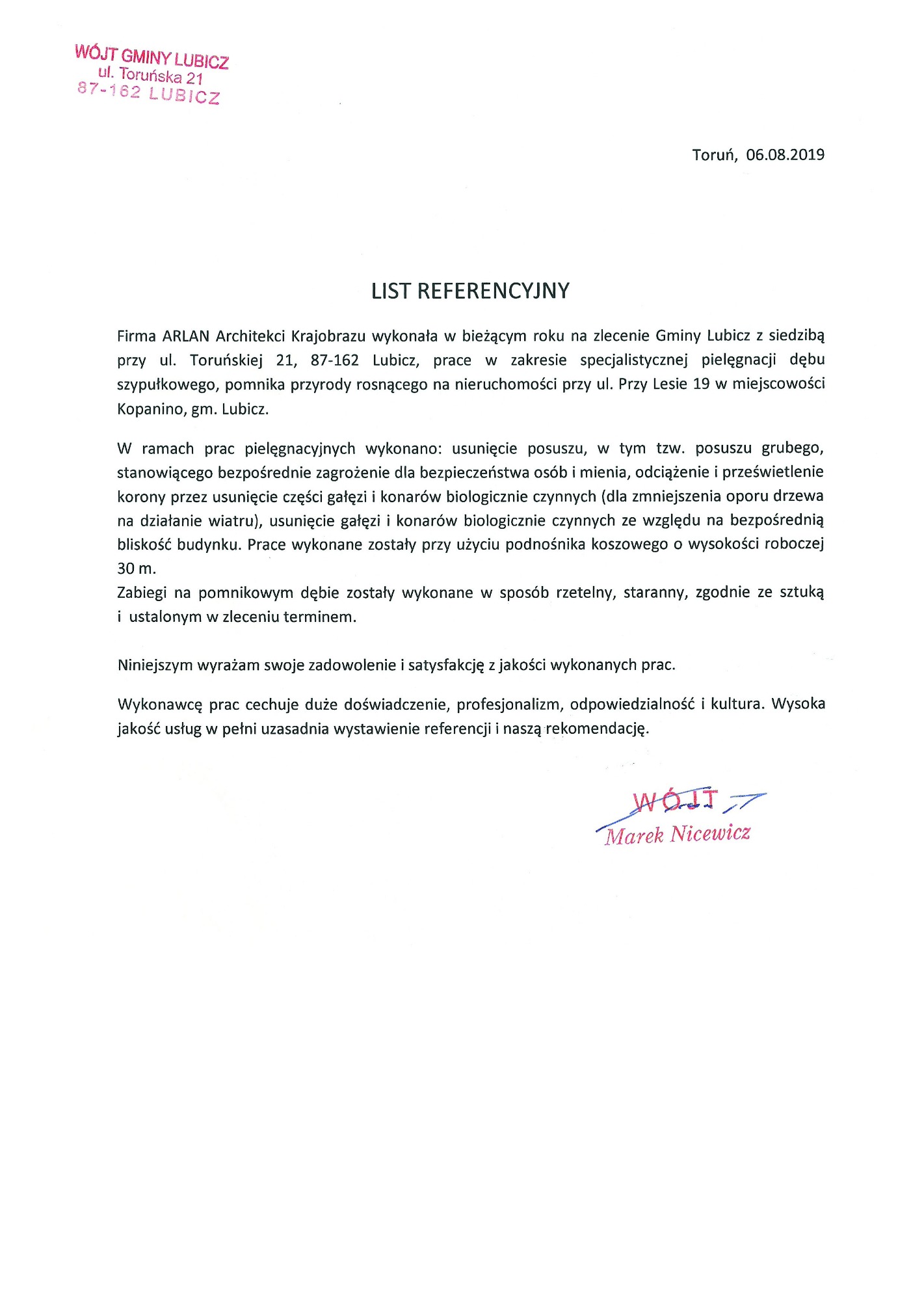 Skan dokumentu referencyjnego dla firmy ARLAN Architekci Krajobrazu, wystawiony przez Wójta Gminy Lubicz, potwierdzający wykonanie specjalistycznej pielęgnacji dębu szypułkowego, pomnika przyrody...