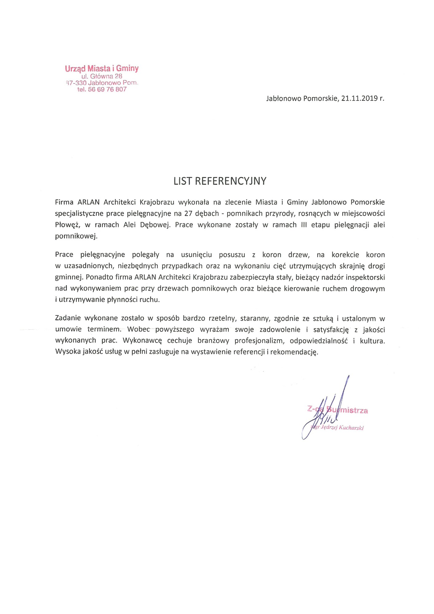 Skan listu referencyjnego dla firmy ARLAN Architekci Krajobrazu z Jabłonowa Pomorskiego, datowany na 21.11.2019, potwierdzający wykonanie prac pielęgnacyjnych na 27 dębach w Alei Dębowej.