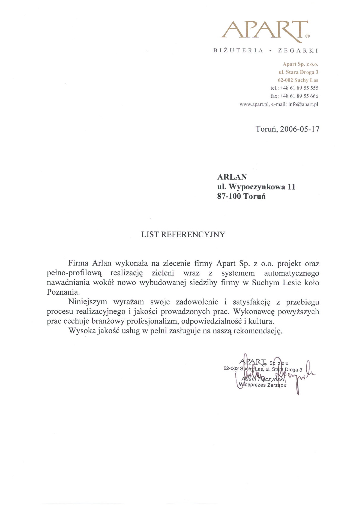 Referencje dla ARLAN Architekci Krajobrazu