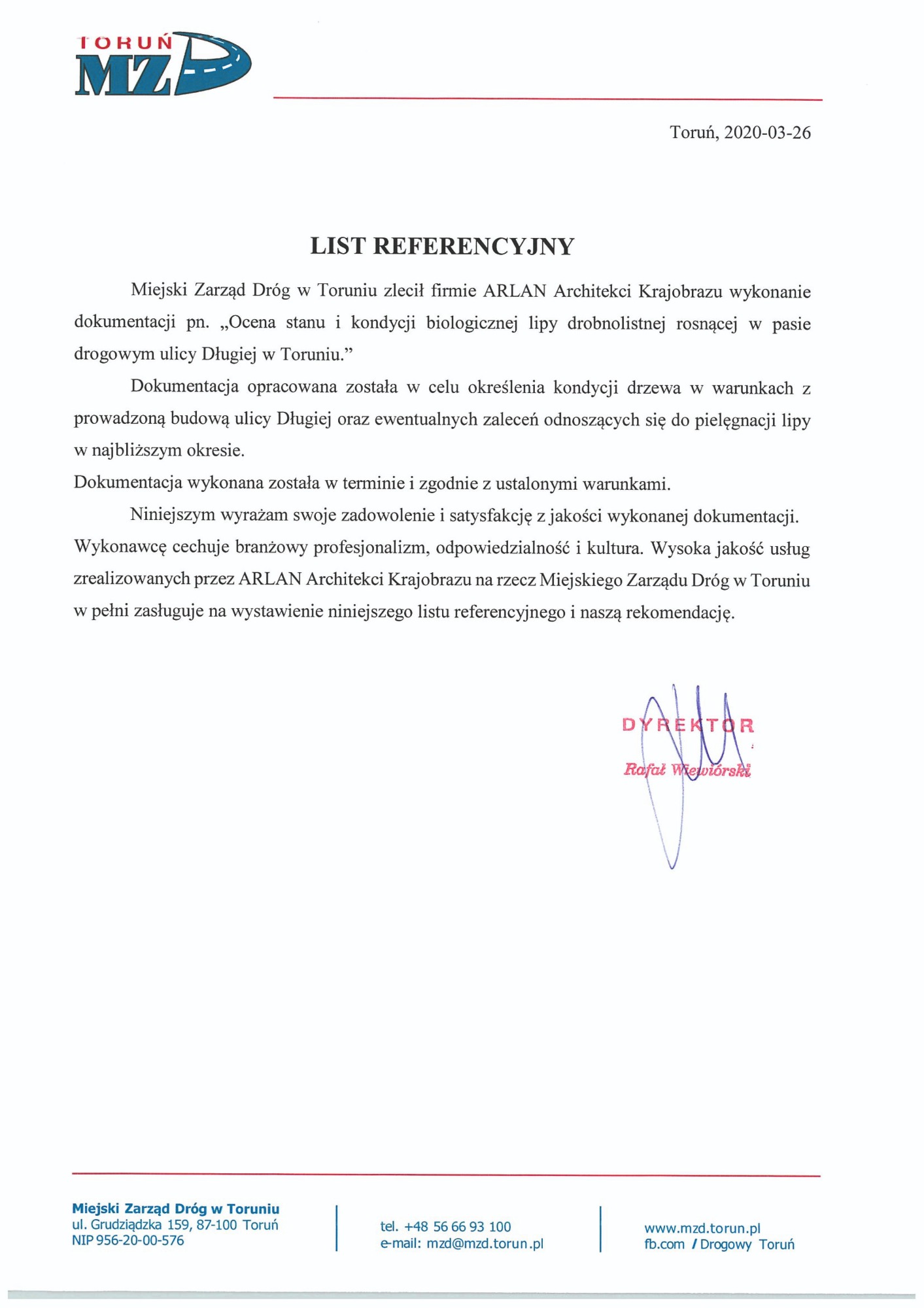 Skan listu referencyjnego dla ARLAN Architekci Krajobrazu od Miejskiego Zarządu Dróg w Toruniu, potwierdzający wykonanie dokumentacji dotyczącej oceny stanu lipy drobnolistnej przy ulicy Długiej.