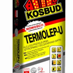 Worek kleju KOSBUD TERMOLEP-U, przeznaczony do przyklejania styropianu i zatapiania siatki, z widocznym logo i oznaczeniem wagi 25kg.