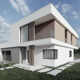Wizualizacja nowoczesnego, dwukondygnacyjnego domu z płaskim dachem, białymi ścianami i elementami drewnianej elewacji, otoczonego zielonym trawnikiem z ozdobnymi trawami i minimalistycznym...