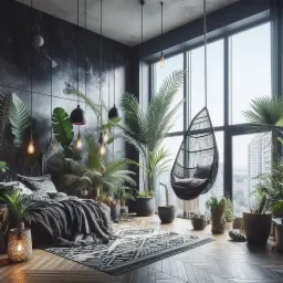 Sypialnia w stylu urban jungle z łóżkiem z czarno-białą pościelą, dużą ilością roślin doniczkowych, wiszącym fotelem kokon przy oknie i wzorzystym dywanem na parkiecie ułożonym w jodełkę.