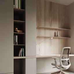 Design Studio Jacek Łuczak - Nowoczesny pokój do pracy z biurkiem, krzesłem ergonomicznym i regałem. Drewniane panele ścienne i minimalistyczna lampka biurkowa tworzą przytulną atmosferę.
