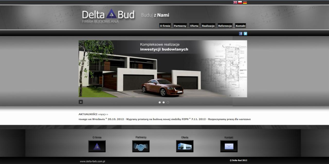 Strona internetowa firmy budowlanej Delta Bud z prezentacją wizualizacji domu jednorodzinnego z garażem i samochodem na podjeździe oraz planami architektonicznymi w tle.