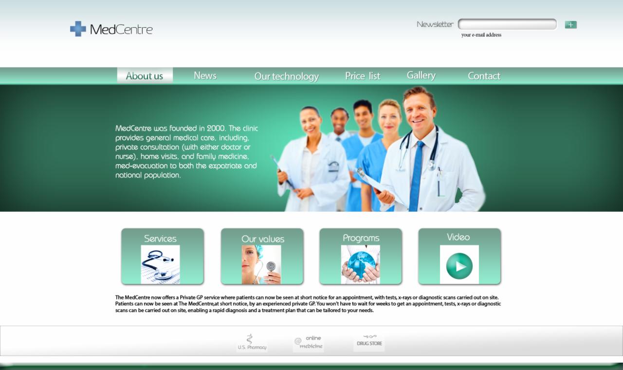 Zrzut ekranu strony internetowej MedCentre z menu nawigacyjnym, informacjami o firmie i zdjęciem zespołu medycznego.