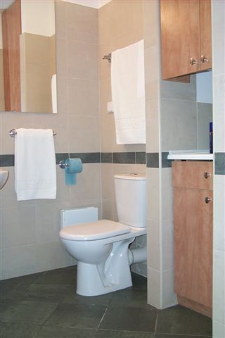 Wykończona łazienka z toaletą, umywalką, szafkami i szarymi płytkami podłogowymi oraz niebieskim papierem toaletowym.