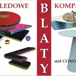 Kompozycja graficzna prezentująca blaty stołowe: LED-owe z podświetleniem krawędzi i kompaktowe, w tym stół CONO z blatem w różnych dekorach.