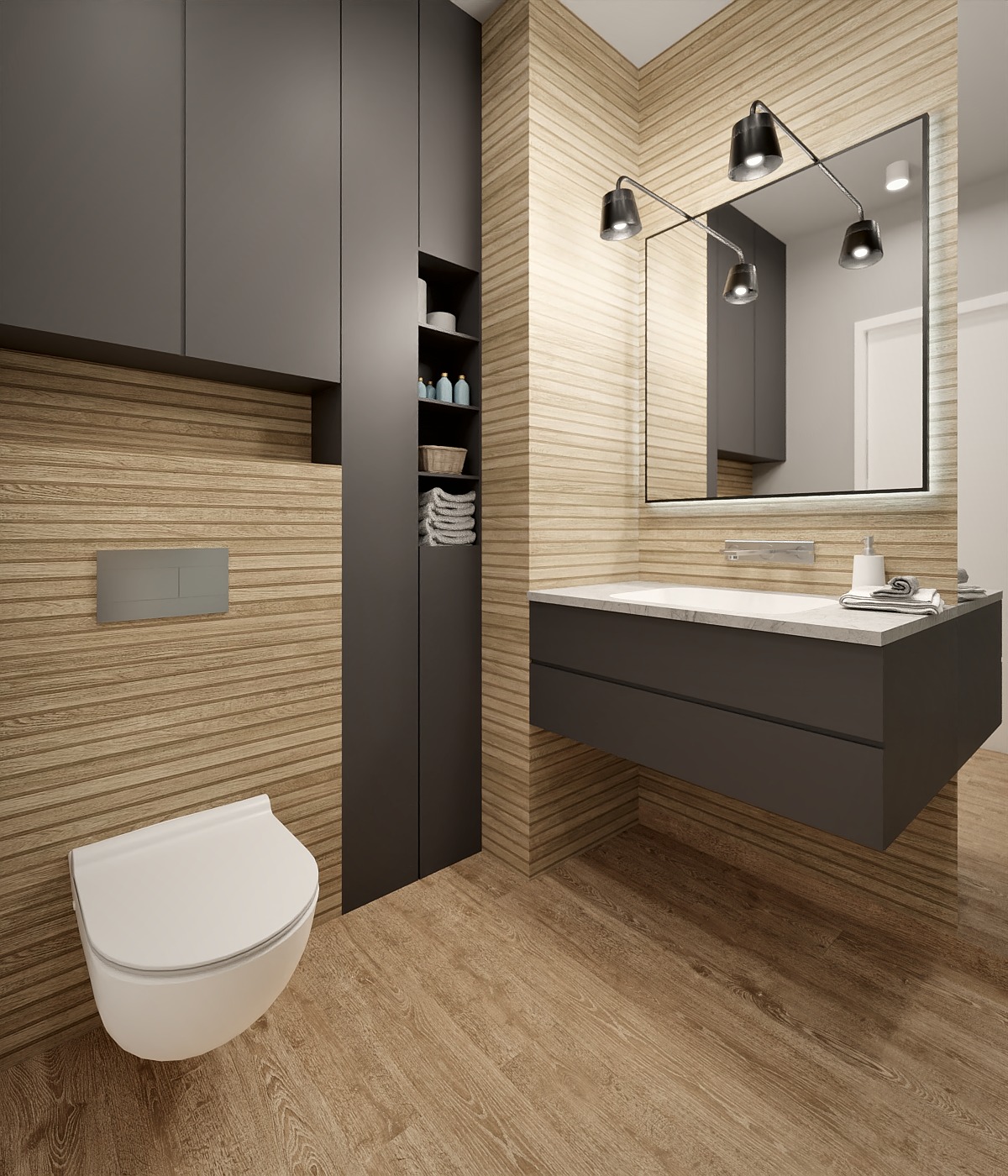 Nowoczesna łazienka z drewnopodobną okładziną ścian i podłogi, podwieszana toaleta, ciemnoszara szafka z umywalką i lustro z oświetleniem punktowym.