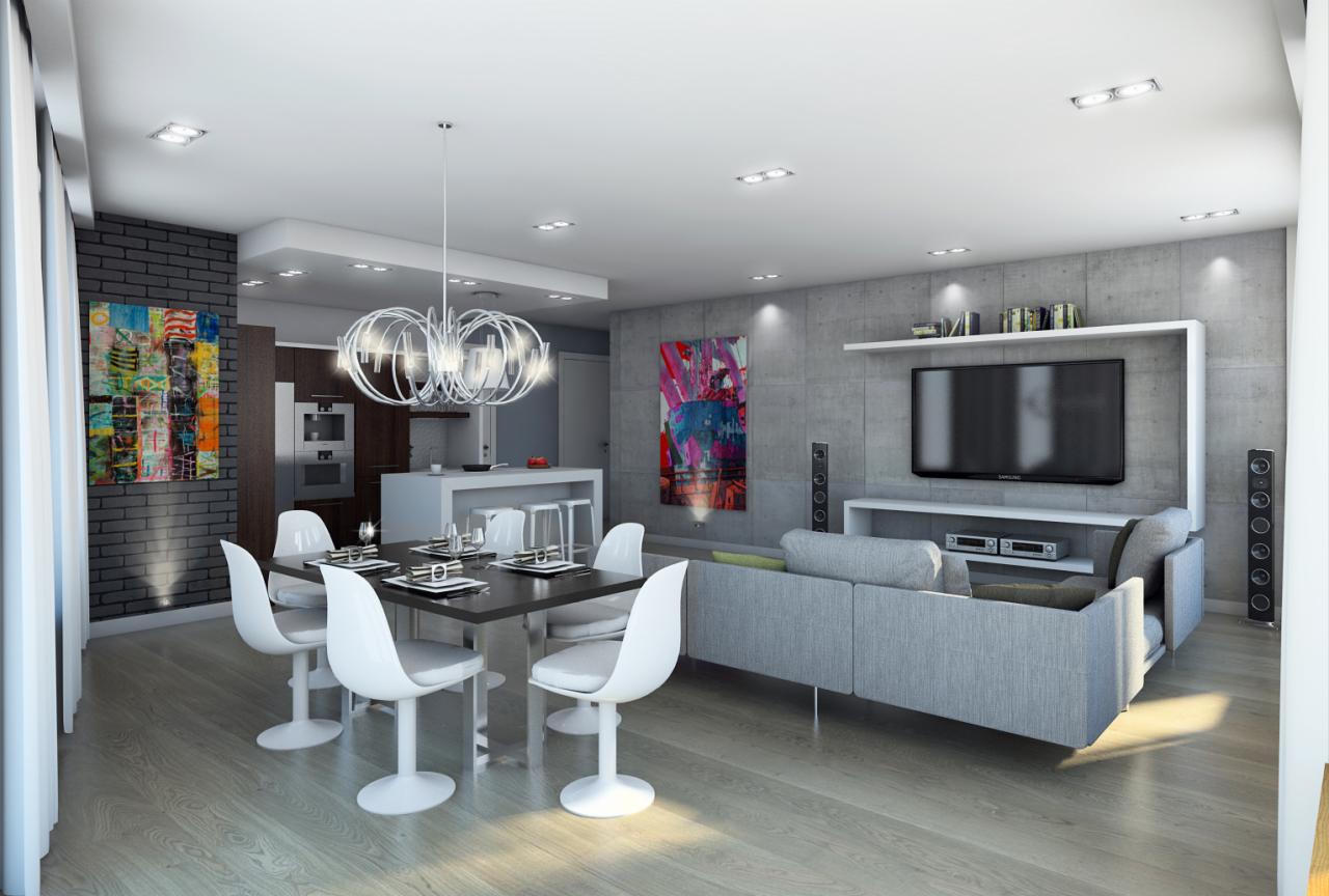 Nowoczesny salon z jadalnią w odcieniach szarości i bieli, z akcentami kolorystycznymi w postaci obrazów, oświetlony wiszącą lampą o geometrycznym kształcie.