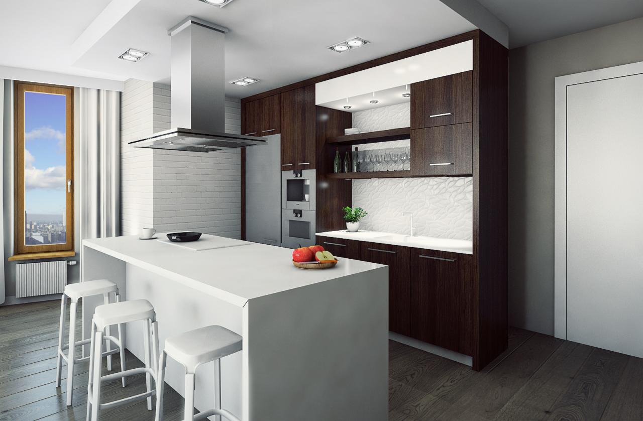 Nowoczesna kuchnia z wyspą, drewnianymi szafkami i białymi krzesłami barowymi, widok na miasto z okna.