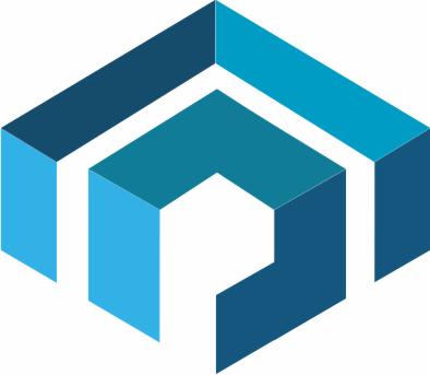 Abstrakcyjne logo w odcieniach błękitu, przypominające budowlę z perspektywy izometrycznej.