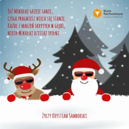 Świąteczna kartka z życzeniami od biura rachunkowego: renifer i Mikołaj w okularach, stylizowane choinki w tle, padający śnieg, logo firmy w prawym górnym rogu.