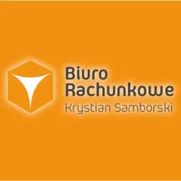 Pomarańczowe tło z logo biura rachunkowego: stylizowany sześcian z białym symbolem strzałek wewnątrz, obok napis 'Biuro Rachunkowe Krystian Samborski' w dwóch wierszach.