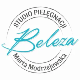 Logo studia pielęgnacji 'Beleza' Marty Modrzejewskiej, okrągły znak graficzny z nazwą firmy w ozdobnej czcionce.