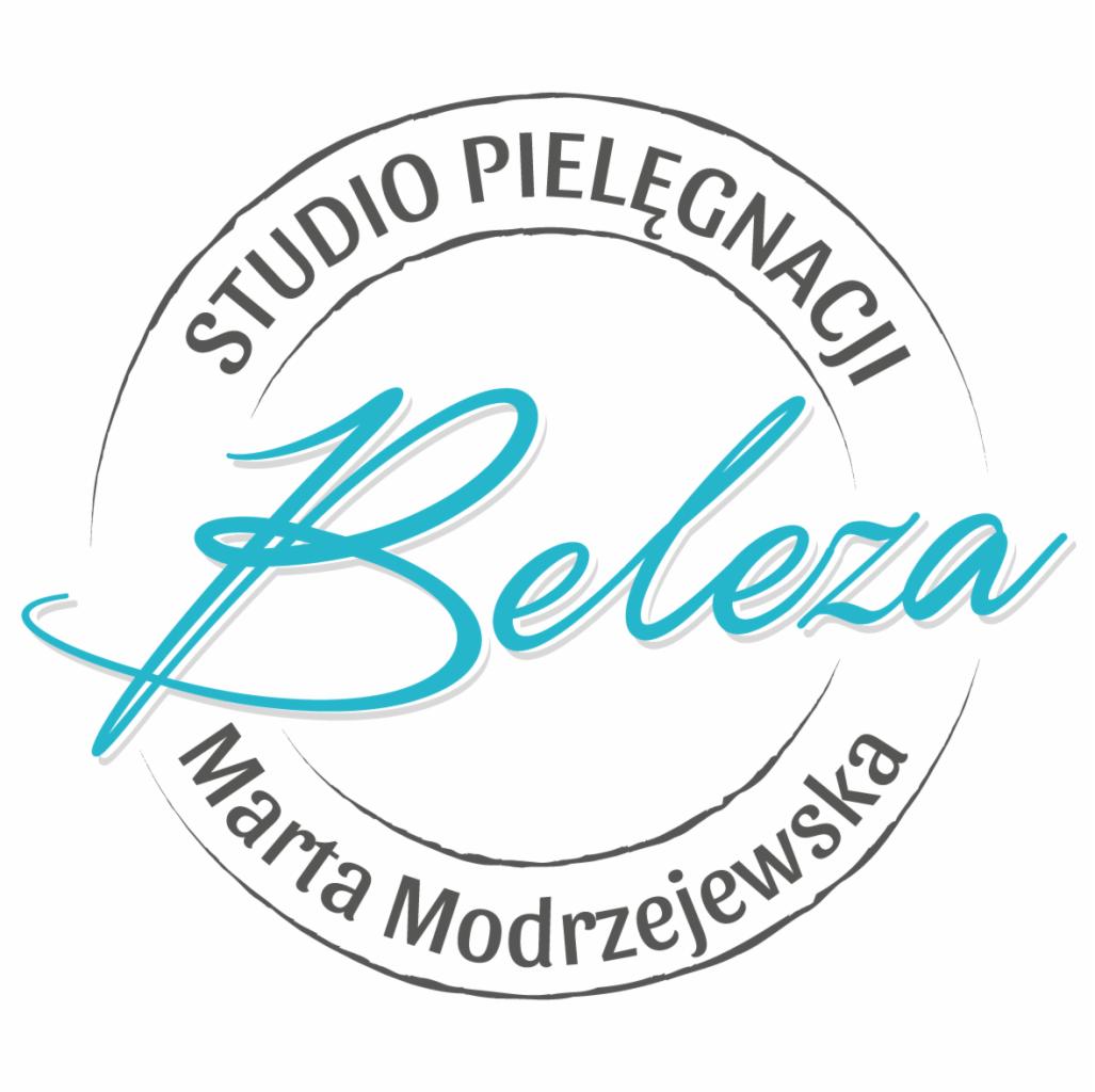 Logo studia pielęgnacji 'Beleza' Marty Modrzejewskiej, okrągły znak graficzny z nazwą firmy w ozdobnej czcionce.