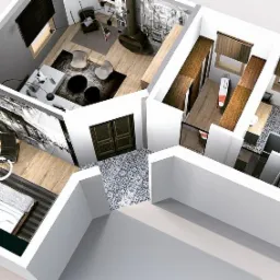 Wizualizacja 3D mieszkania z widokiem z góry, prezentująca salon z kominkiem, sypialnię z fototapetą, łazienkę z wzorzystą podłogą i garderobę z deską do prasowania.