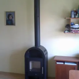 Czarny kominek wolnostojący z długą rurą w salonie w Łodzi. Nowoczesny piec kominkowy z szybą, na podłodze mata ochronna. Obok szafka i obraz na ścianie.