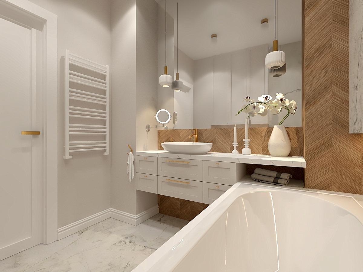 Elegancka łazienka w odcieniach bieli i drewna z marmurową podłogą, wiszącymi lampami nad umywalką, grzejnikiem drabinkowym i dekoracyjnymi elementami, takimi jak orchidee w wazonie i ręczniki