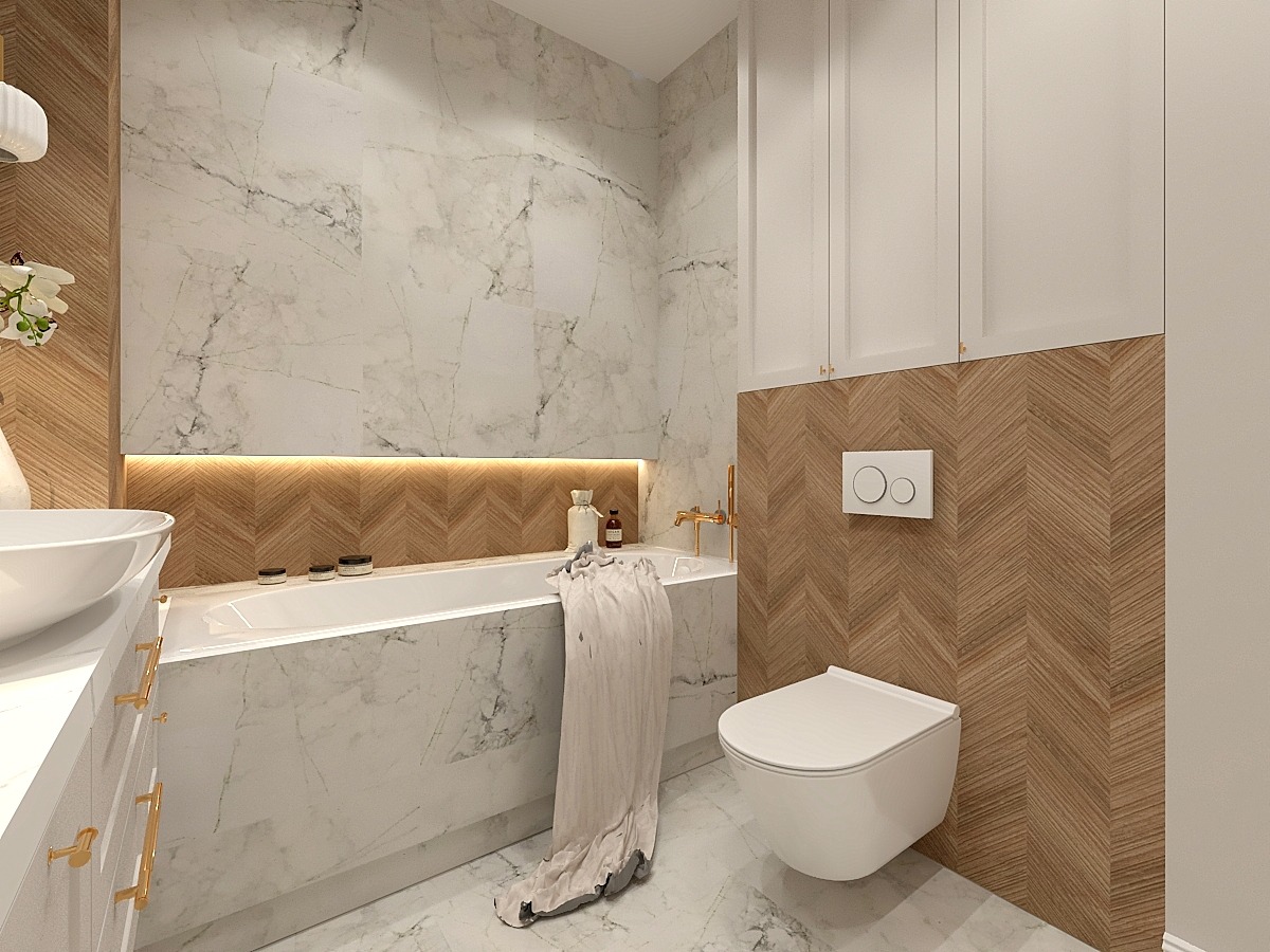Nowoczesna łazienka z marmurowymi płytkami, drewnianą mozaiką w jodełkę, białymi szafkami wiszącymi, wolnostojącą toaletą i wanną z subtelnym oświetleniem LED.
