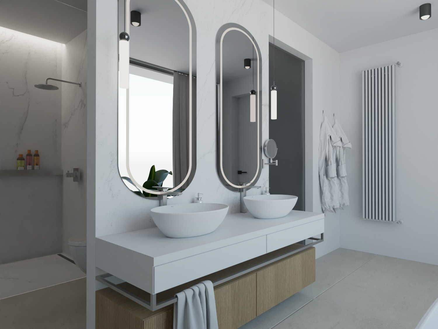 Nowoczesna łazienka z dwoma owalnymi umywalkami nablatowymi, podświetlanymi lustrami, grzejnikiem drabinkowym i szarym ręcznikiem na szafce pod umywalką.