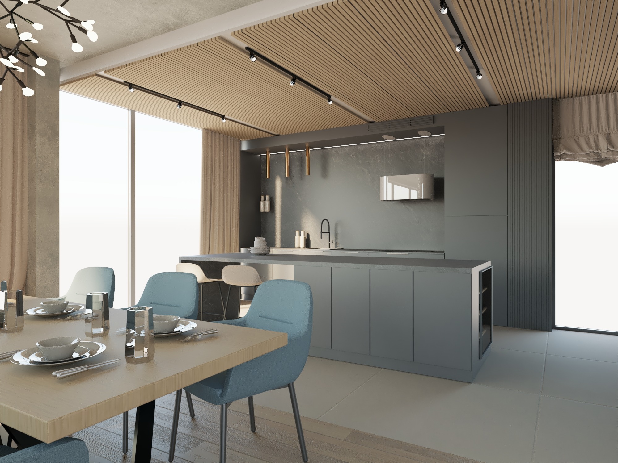 Nowoczesna jadalnia z kuchnią w odcieniach szarości i beżu, z drewnianym sufitem i designerskim oświetleniem, stół nakryty do posiłku z błękitnymi krzesłami.