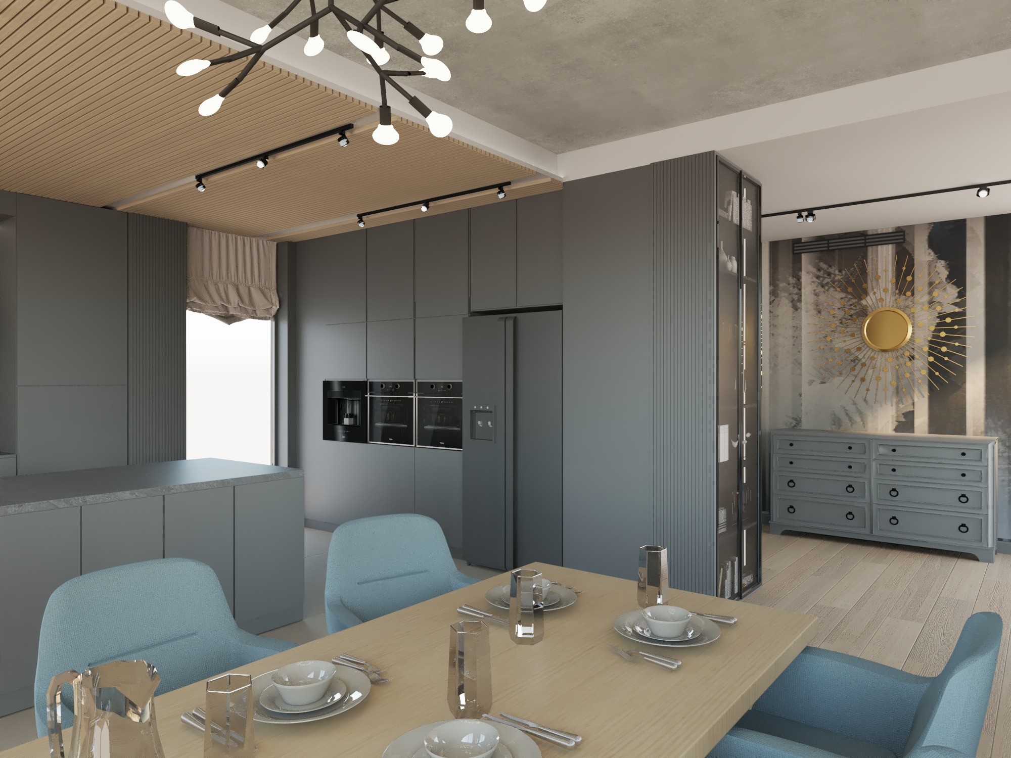 Wizualizacja nowoczesnej jadalni z szarymi meblami kuchennymi, turkusowymi krzesłami i dekoracyjną komodą z lustrem w tle, oświetlona lampą sufitową w stylu industrialnym.