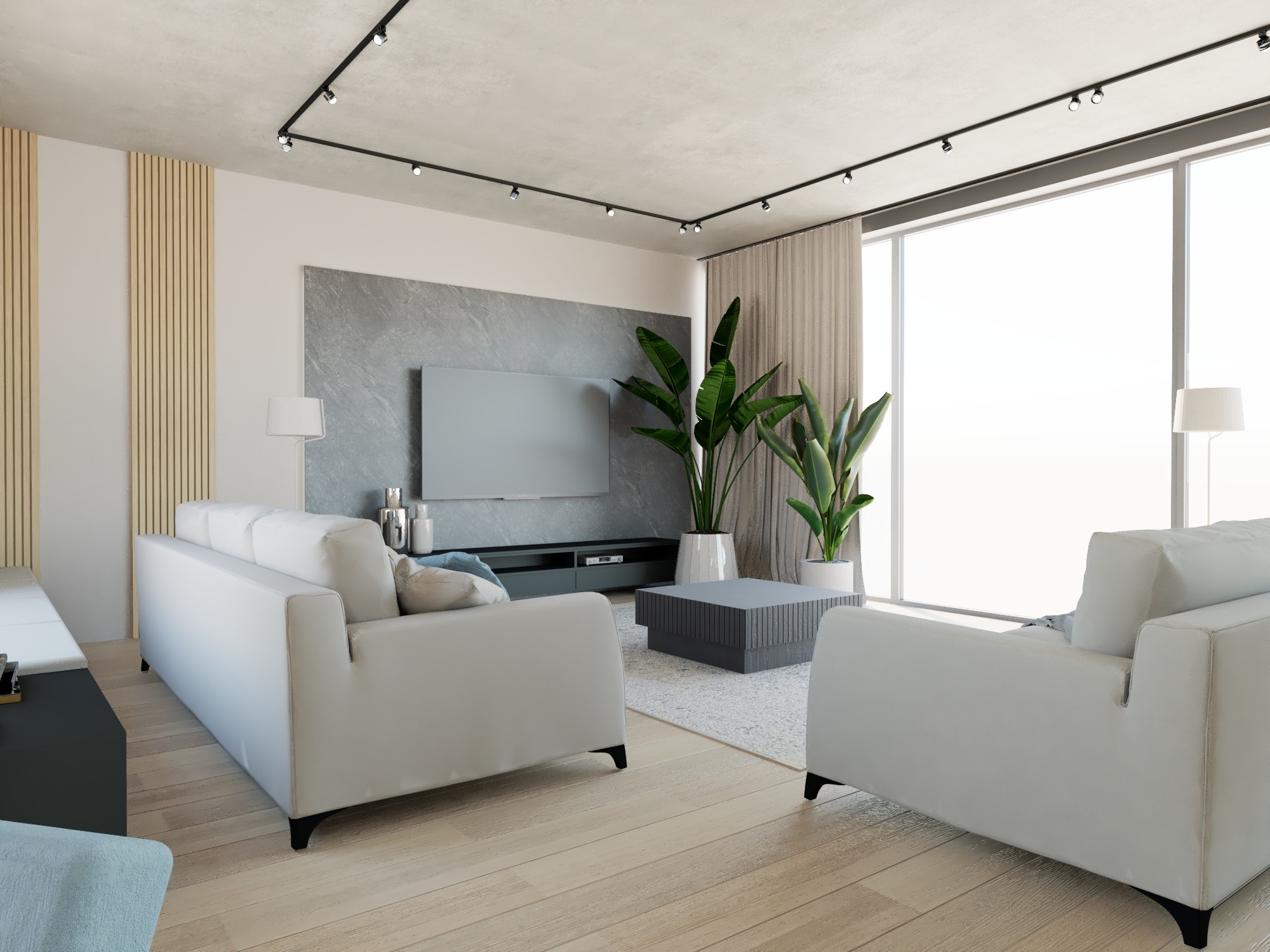 Jasny salon z dwiema białymi sofami, szarym stolikiem kawowym, telewizorem na ścianie z szarą okładziną, drewnianymi panelami pionowymi, dużym oknem z zasłoną i roślinami doniczkowymi, oświetleniem...