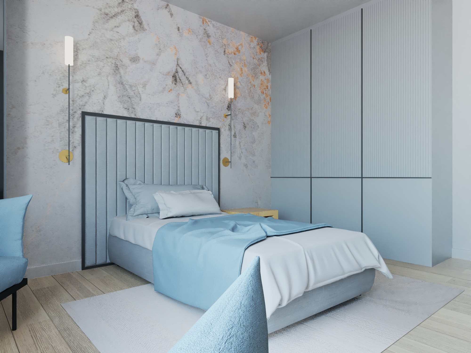 Nowoczesna sypialnia w odcieniach błękitu i szarości z marmurową ścianą, minimalistycznym oświetleniem ściennym i zabudowaną szafą z pionowymi żłobieniami.