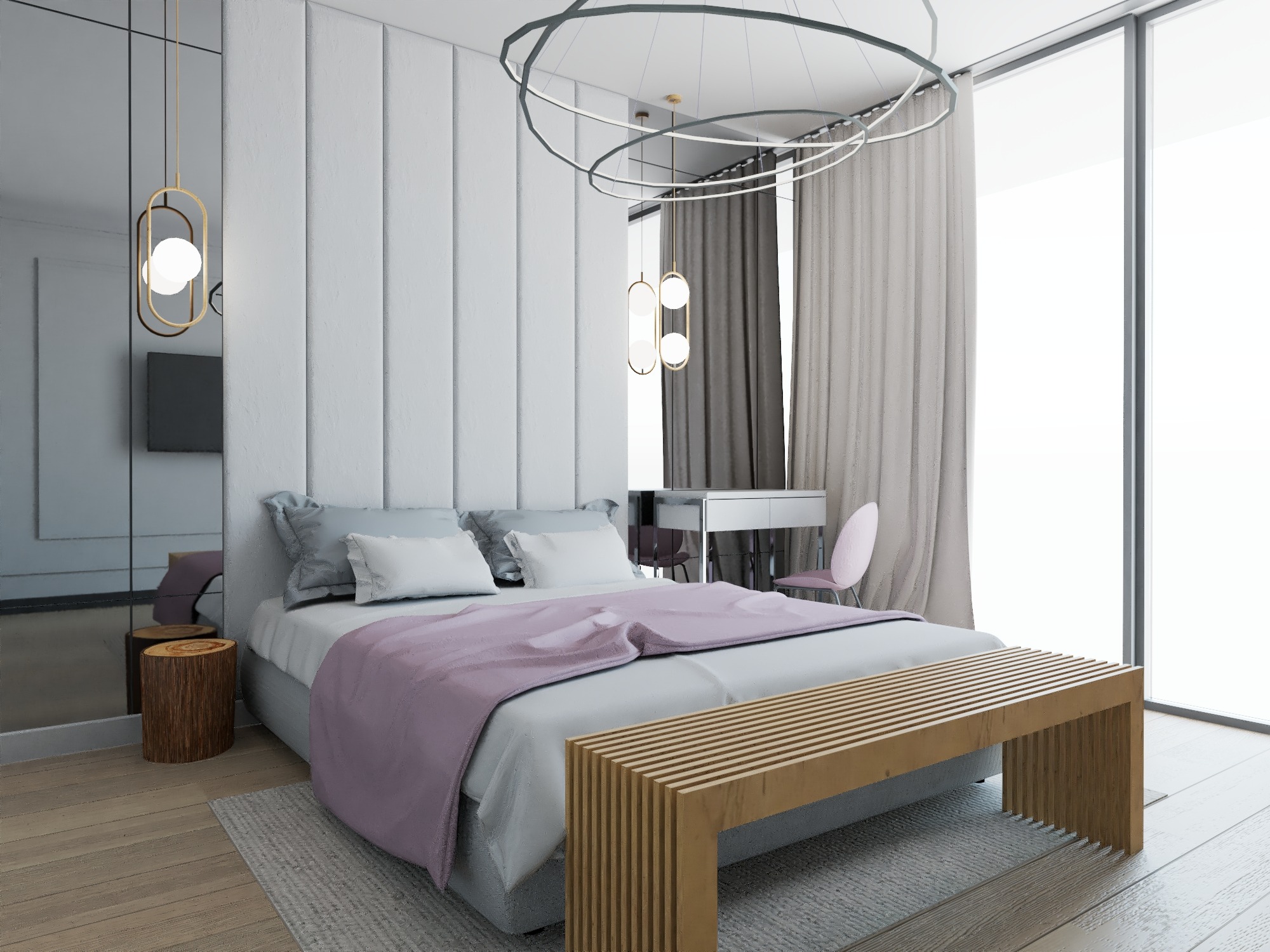 Nowoczesna sypialnia z łóżkiem z pikowanym zagłówkiem, drewnianym stolikiem nocnym imitującym pień drzewa i geometryczną lampą wiszącą.