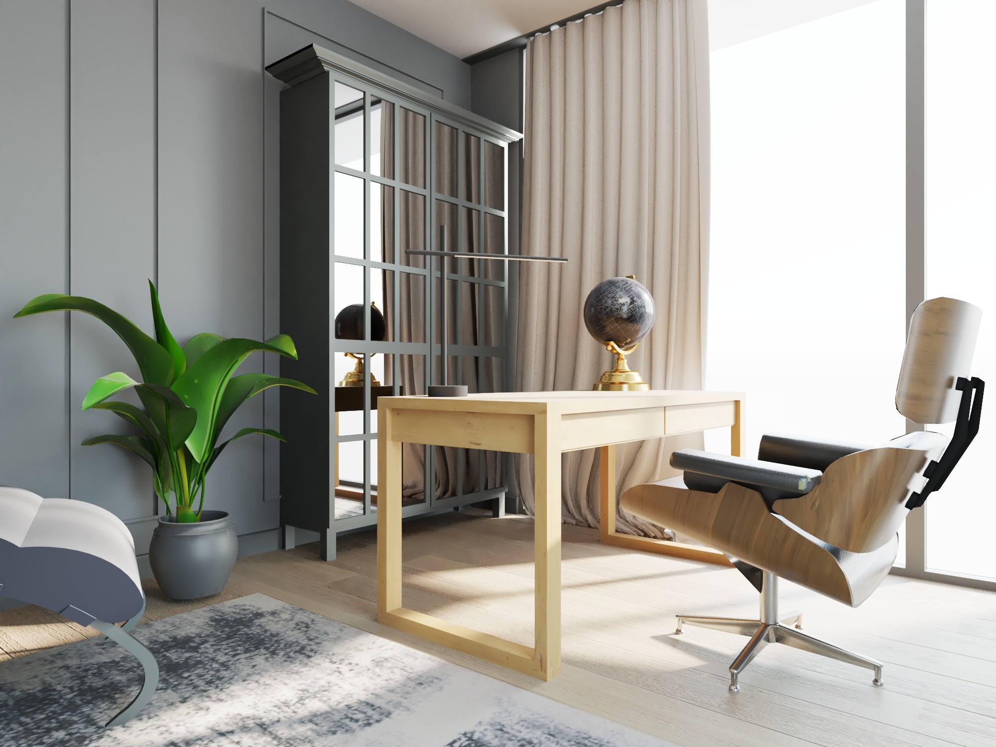 Jasne biuro w szarościach z drewnianym biurkiem, globusami, krzesłem obrotowym i szafą z lustrzanymi drzwiami, oświetlone naturalnym światłem z okna.