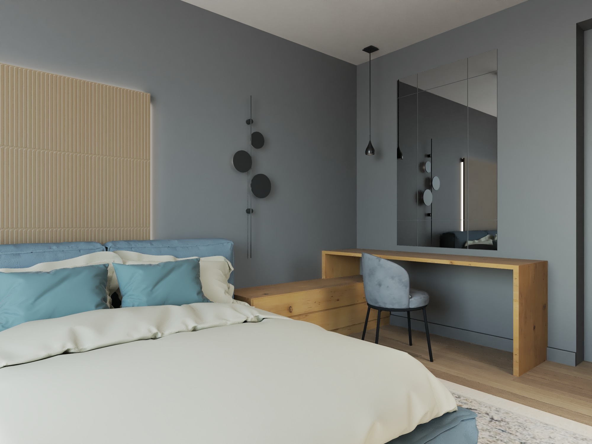 Nowoczesna sypialnia z łóżkiem z niebieskim zagłówkiem i pościelą w odcieniach bieli i błękitu, drewnianą toaletką z krzesłem obitym szarym welurem, lustrem panelowym i dekoracją ścienną...